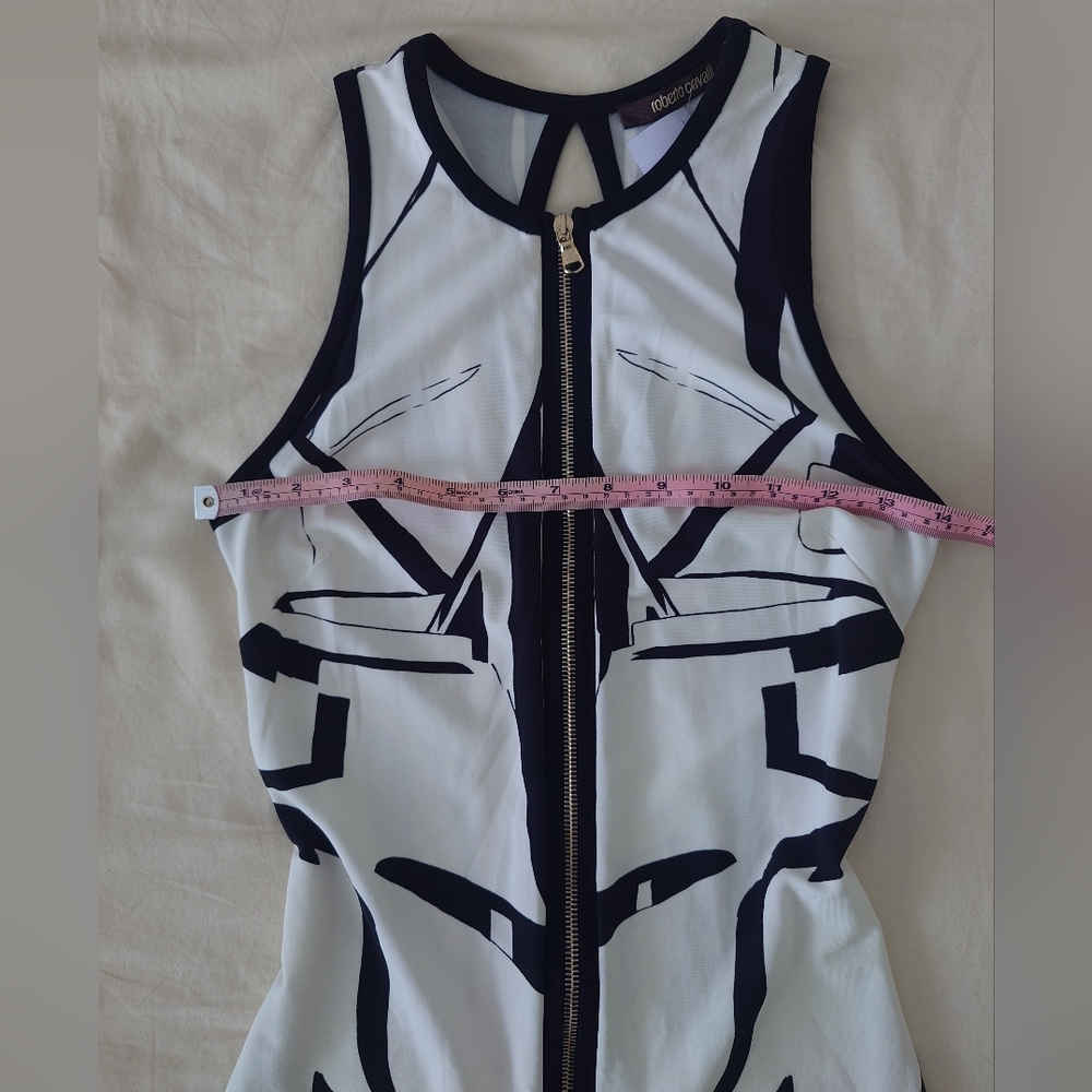 FLAW Zip-up ROBERTO CAVALLI Runway Leaves Print Black White Short Dress Mini 38 - Picture 4 of 16